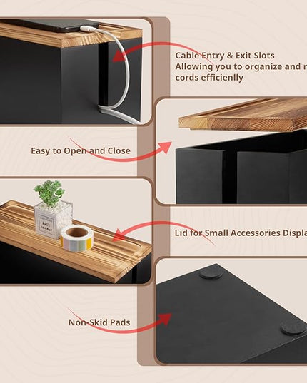 Large Wood Cable Management Box - Cable Organizer Box - 2 Open Slots Cords Hider Box - Under Desk Cord Organizer for Power Strip Extension Cord Surge Protector Charger Wire, Black