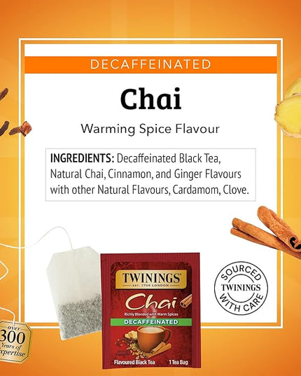 Twinings Decaffeinated Chai Individually Wrapped Bags, 20 Count (Pack of 1), Sweet, Savoury Spices, Enjoy Hot or Iced, 20 Teabags