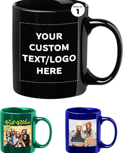 Custom Ceramic Coffee Mugs 11 oz. Set of 1, Personalized Bulk Pack - Coffee cup set, Iced coffee cup, Gaming mug - Midnight Black