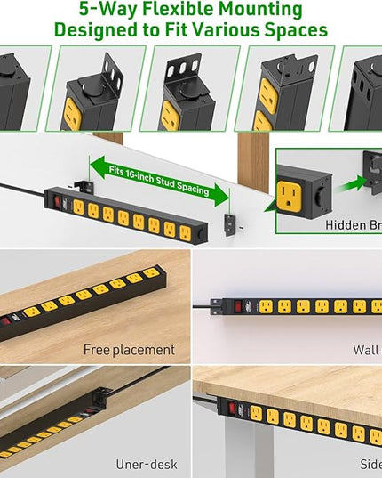 CRST 8 Outlet Heavy Duty 360° Rotating Mountable Power Strip, 2100 Joules Surge Protector Power Strip, 15Amp/1875W Garage Shop Home Power Bar with 6FT 14AWG Cord