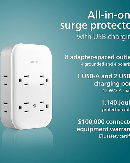 Philips All-in-One Surge Tap with USB, 4 Grounded & 4 Polarized Outlets, 2 USB-C & 1 USB-A Ports, 15W Shared, 1140 Joules, ETL Certified, White/Gray, SPP3155GW/37
