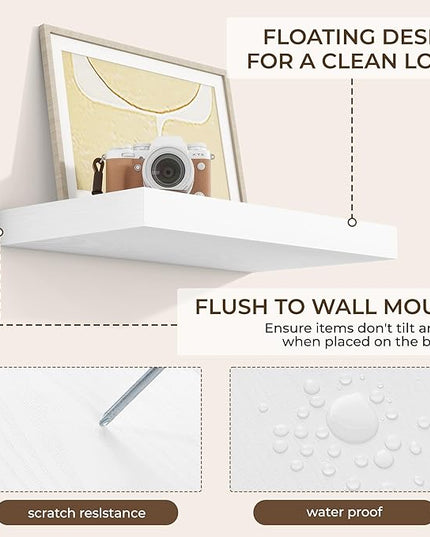 RICHFOCUS 16Inch Floating Shelves for Wall 2 Pack Shelves for Bedroom|Kitchen|Bathroom Wall Mounted Rustic Wood Floating Shelf with Invisible Brackets for Books|Storage|Decor, White