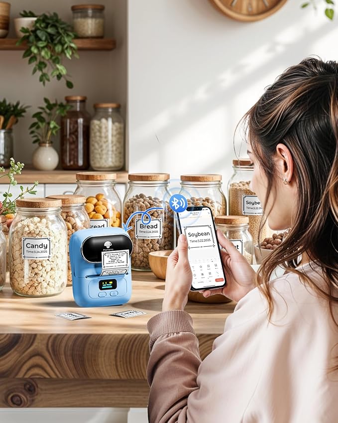 Phomemo Label Maker with 3 Labels- M110 Portable Bluetooth Label Maker Machine for Small Business, Barcode, Address, Logo, Clothing, Jerwery, Compatible with iOS & Android, Blue
