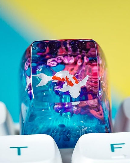 Kohaku Koi Artisan Keycap Blue and Pink Ocean Coral R1 SA Profile Custom Keycaps 1U ESC Handmade Gaming Resin Key Cap Cherry MX Switch Compatible Mechanical Keyboard Koi Lover Gift