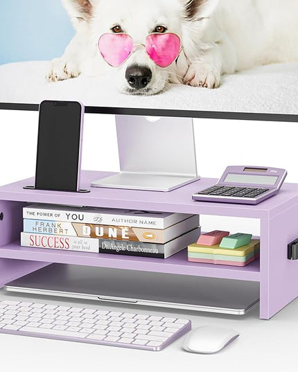 BONTEC Wooden Monitor Stand Riser, 2-Tier Desk Shelf with Storage Organizer, Ergonomic Computer Stand with Cable Management, Cellphone Holder, Purple, 16.5 Inch