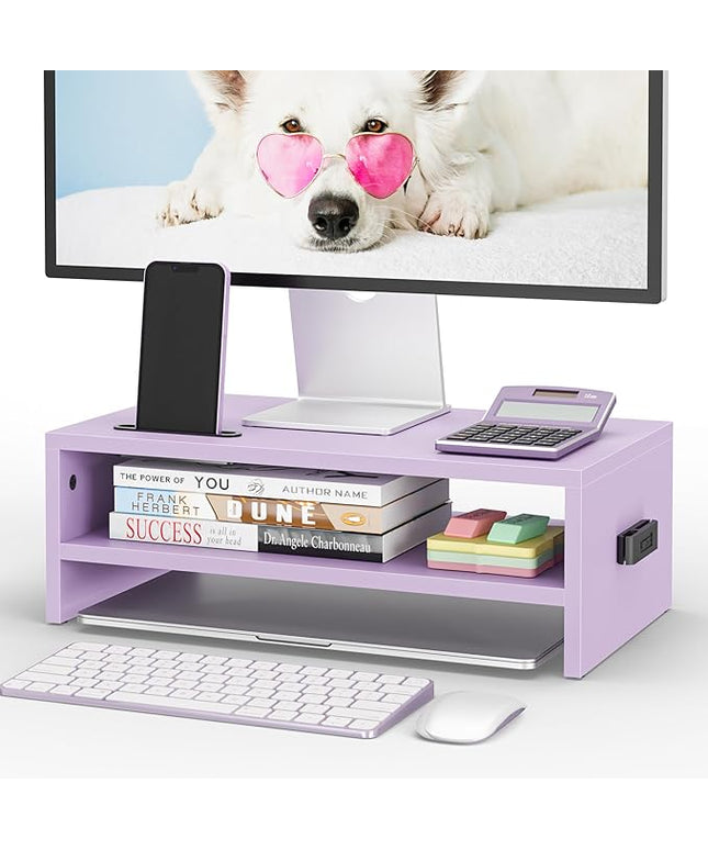 BONTEC Wooden Monitor Stand Riser, 2-Tier Desk Shelf with Storage Organizer, Ergonomic Computer Stand with Cable Management, Cellphone Holder, Purple, 16.5 Inch