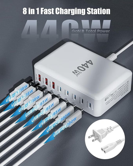 USB C Charger Block 440W Charging Station Hub,8 Port GaN III Fast Charging Brick with 5ft Extension Cord,PD QC PPS 100W Laptop Power Adapter for MacBook Pro/Air,iPhone 17/16/15,Samsung Galaxy,Dell etc