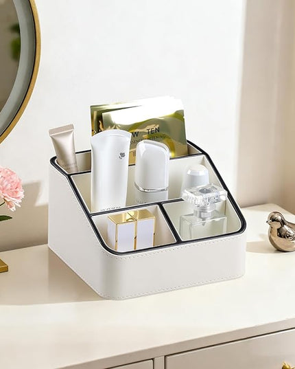 MEIBOOCH Remote Control Holder, PU Leather Small Desk Organizer with 4 Compartments, Nightstand Organizer Desk Caddy for Remote, Notepad, Phone, Glasses, and Accessories (Cream)