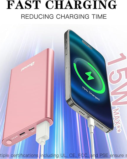 BONAI Portable Charger 12,000mAh 5V/3A Fast Charging Power Bank, Dural Input & Output Ports (USB-C in & Out) Portable Phone Charger for iPhone 17/16/15/14/13/12 Series Galxy Android iPad etc- Pink