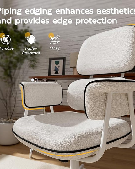 Fabric Office Chair with Granular Linen, Mid Back Vintage Desk Chair with Wheels and Wide Arms, Mid Century Modern Home Office Desk Chairs with Memory Foam Seat Cushion, Adjustable Height, White