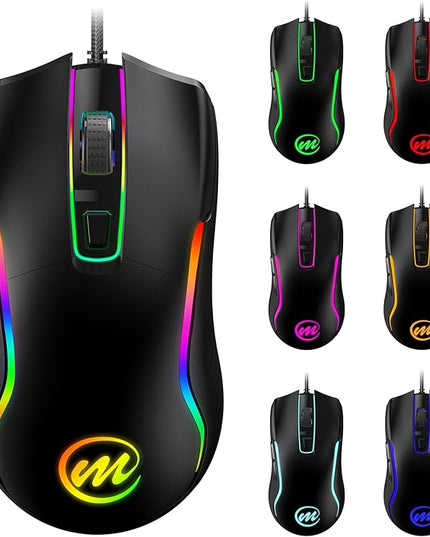 memzuoix Wired Gaming Mouse with RGB - 6 Adjustable DPI up to 12800, 6 Buttons, 12 Lighting Modes, Ergonomic Design with Anti-Slip Rubber Wheel, 5.6ft Braided Cable for PC/Mac/Windows - Black
