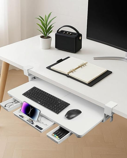 Keyboard Tray Under Desk with Drawer,26.77" X 11.81"Large Size Keyboard Tray with C Clamp-on Mount, Easy to Install, for Home Office (White)