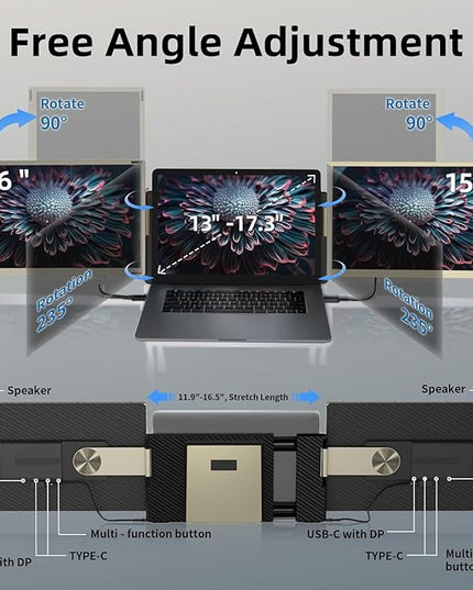 ROYY Laptop Screen Extender Triple Monitor - 15.6" Detachable Portable Computer Monitor, FHD 1080P IPS 235 Degrees Rotation Extra Screen Compatible with Mac Wins Dex Chrome Fits 13-17" Laptop