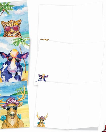 The Best Card Company Assorted Funny Wildlife Watercolor Blank Greeting Card Box Set - Incl. 10 Unique Notecards Designs + Envelopes for Thank You, Invitations - Animal's Day Off AM6670OCB-B1x10