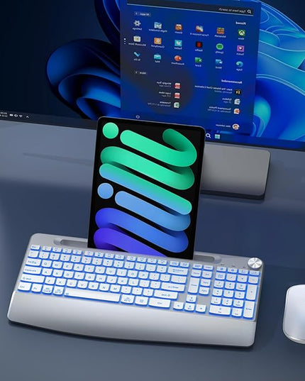 JOYACCESS Ergonomic Wireless Keyboard with Phone Holder,Rechargeable Backlt Wireless Keyboard Mouse Combo with Light Up Keys for for Laptop, PC, Mac, Windows-Silver White