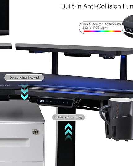 EUREKA ERGONOMIC Gaming Desk Adjustable Height Standing Desk 63" Wing Shaped Music Studio Table Workstation w Full Coverage Mousepad, 3 Stands, Dual Headphone/Cup Holder, Ipad-Slot