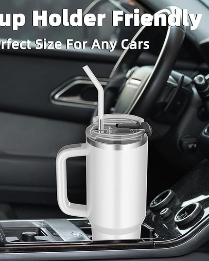 40 oz tumbler with handle and straw,Double Wall Vacuum Reusable Stainless Steel Insulated Water Bottle,With Leak Proof lid and Straw for Iced or Cold Beverages (White)