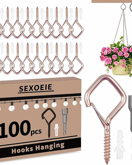 Sexoeie 100 PCS Rose Gold Eye Screw Hooks for Hanging Heavy Duty with Safety Buckle.Metal Ceiling Hooks for Hanging Plants Cup Wind Chime Bird Feeders Patio Lights at Indoor&Outdoor