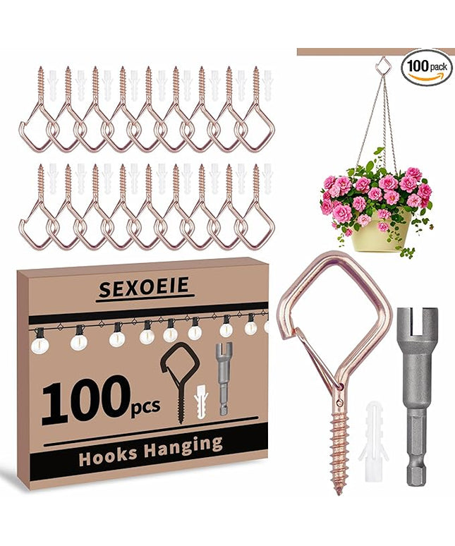 Sexoeie 100 PCS Rose Gold Eye Screw Hooks for Hanging Heavy Duty with Safety Buckle.Metal Ceiling Hooks for Hanging Plants Cup Wind Chime Bird Feeders Patio Lights at Indoor&Outdoor
