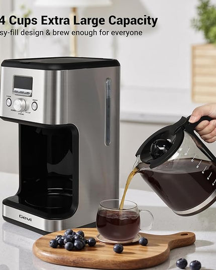 Gevi 14-Cup Programmable Coffee Maker, Drip Coffee Machine with Normal & Strong Brew for Home and Office, Glass Carafe, 2-Hour Keep Warm, Pause & Serve, Auto Shut Off, Silver