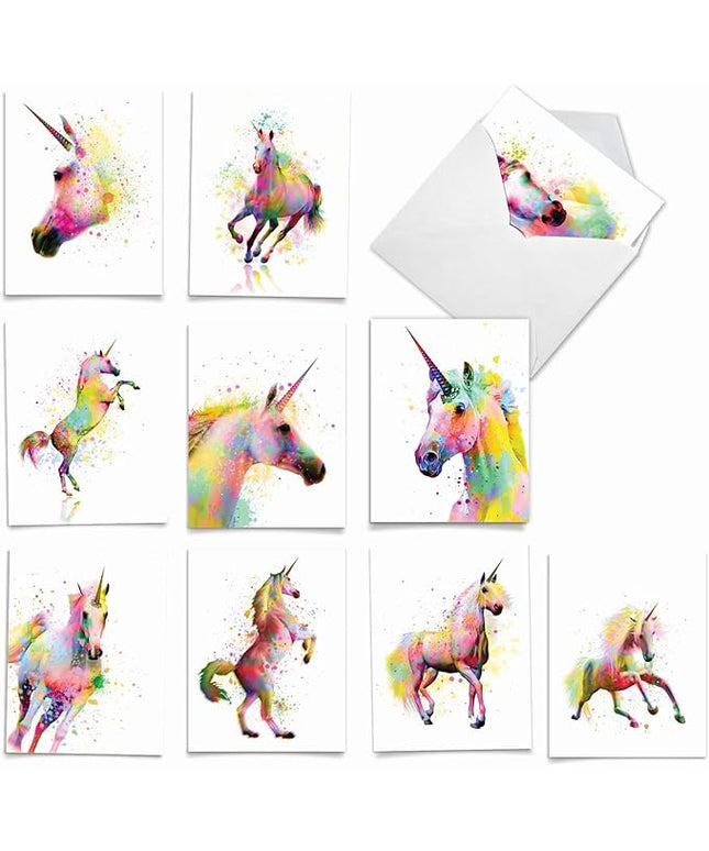 The Best Card Company Assorted Watercolor Animal Blank Greeting Card Box Set - Incl. 10 Unique Notecards Designs + Envelopes, Thank You, Invitations, More - Funky Rainbow Unicorns AM6748OCB-B1x10