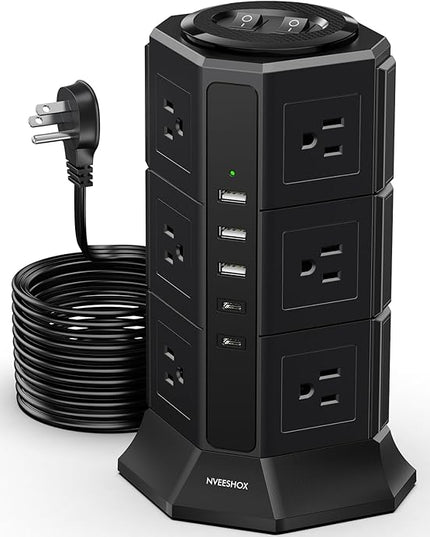 Surge Protector Power Strip Tower, 10FT Ultra Flat Extension Cord with 12 AC Outlets 5 USB Ports(2 Type C), Desktop Charging Station, Flat Plug Outlet Extender for Home Office Dorm