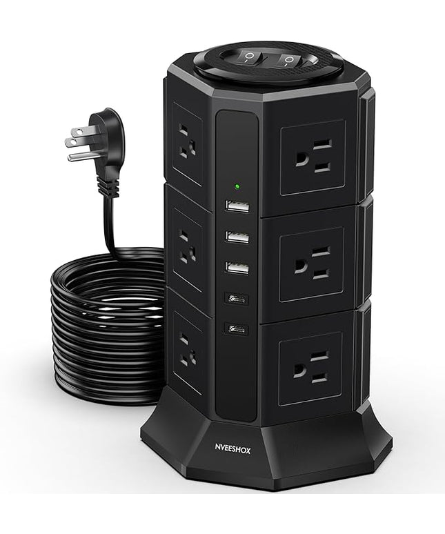 Surge Protector Power Strip Tower, 10FT Ultra Flat Extension Cord with 12 AC Outlets 5 USB Ports(2 Type C), Desktop Charging Station, Flat Plug Outlet Extender for Home Office Dorm