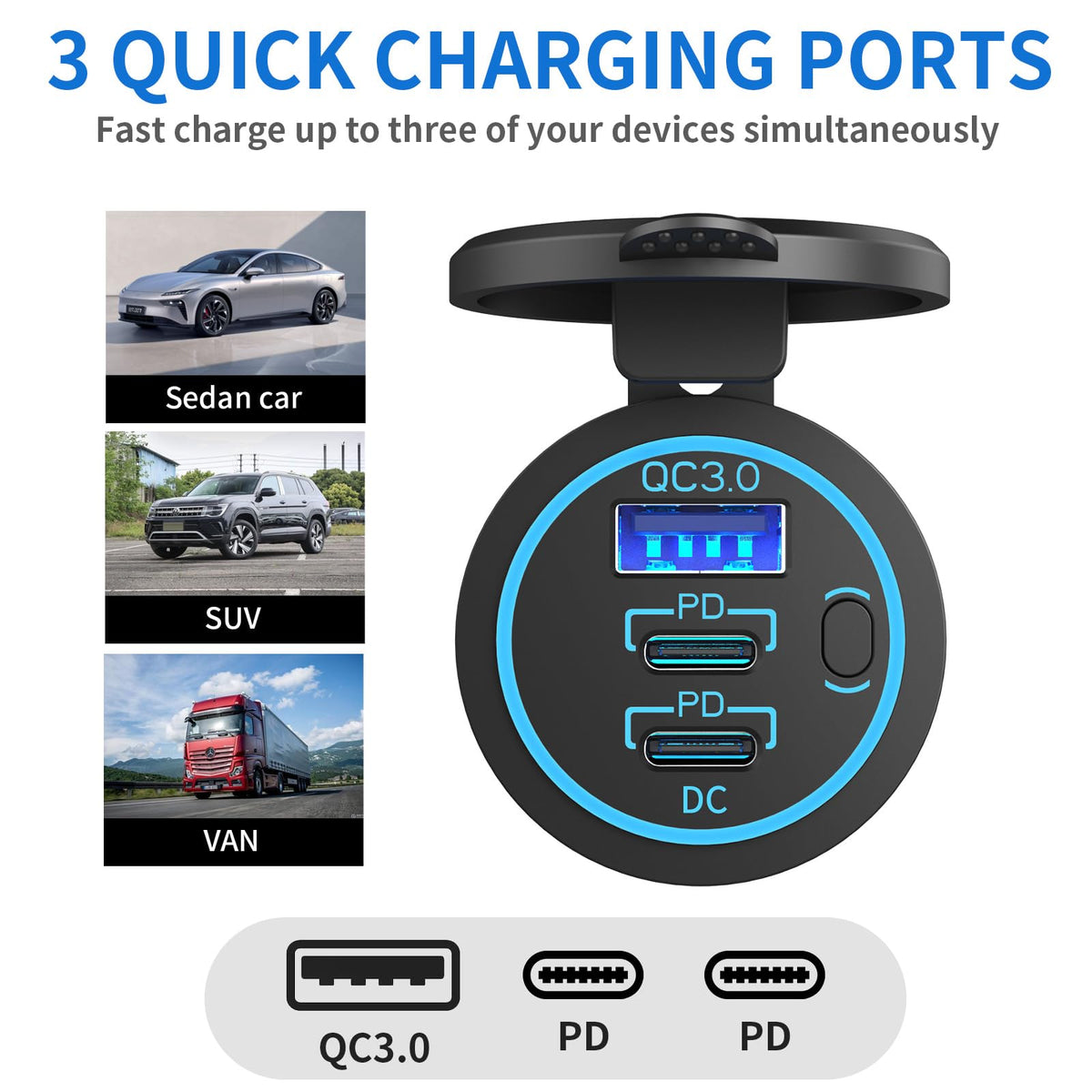USB C Car Charger Socket 12V USB Outlet, 78W Dual 30W PD and 18W QC3.0 Multi Port Cylinder Charger with Button Switch Waterproof for Car Boat RV Marine Golf Cart Truck Bus Motorcycle etc.