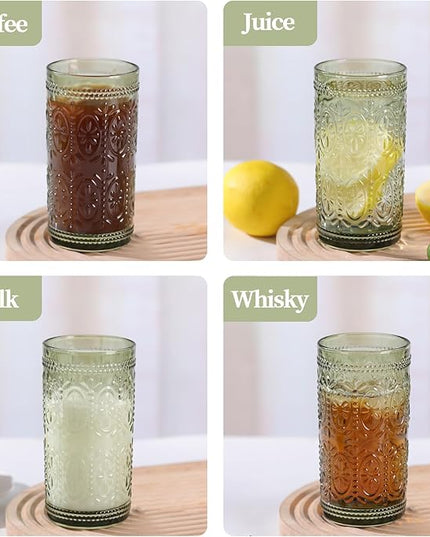 Green Drinking Glasses Set of 4, Vintage Drinking Glasses, Colored Glassware Drinking, Highball Beverage Glasses Cup, Vintage Glassware Set for Water, Juice, Cocktail, Coffee