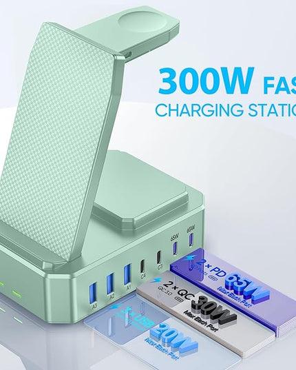 300W Charging Station for Multiple Devices Apple, Zutspzss 10 in 1 Wireless Charger for iPhone 16, GaN III USB C 65W PD Fast Charging Stand Dock for MacBook, Apple Watch&Airpods,Green