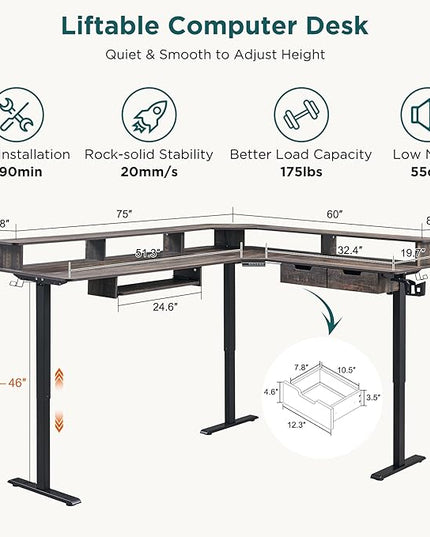 RedLemon 75X60 Inches L Shaped Electric Standing Desk,Height Adjustable Corner Gaming Desk with Drawers, Keyboard Tray, Power Outlets & LED Lights, Computer Desk with Monitor Shelf, Dark Rustic Oak