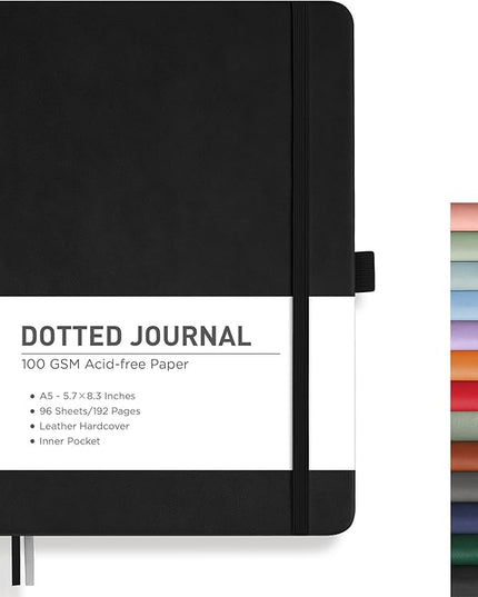 RETTACY Bullet Dotted Journal Notebook, 192 Pages, A5 Medium Size (5.7'' x 8.3''), Leather Hardcover, 100 GSM Thick Paper, for Bullet Journaling, Planning, Tracking (Black)