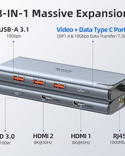 Docking Station USB C Video,8K Laptop Docking Station Dual Monitor 8K@60Hz 2*HDMI,USB-C Hub with USBC Video Output,4 * 10Gbps USB Port,Ethernet,100W PD for Portable Monitor,MacBook Pro/Air,Dell,HP