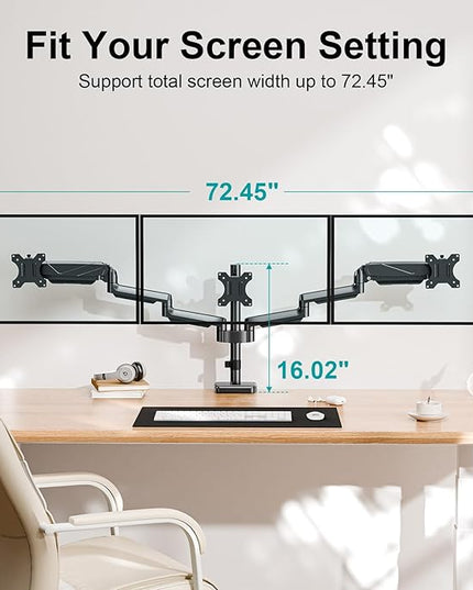 MOUNT PRO Triple Monitor Mount, 3 Monitor Desk Arm fits Three Max 27" LCD Computer Screens, up to 17.6lbs Each, Premium Gas Spring Display Stand with Tilt Swivel Rotation, Vesa Mount 75x75,100x100