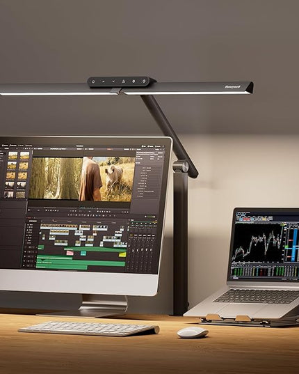 Honeywell LED Desk Lamp with Clamp - HJ1 Sunturalux Eye-Caring Clip on Lights for Home Office, 1200LM Clamp Lamp 4 Color Modes Stepless Dimming Task Desk Light for Working Black