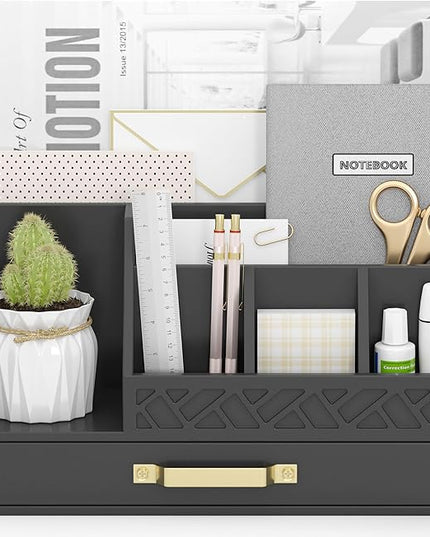 Wisuce Essentials Bamboo Desk Organizer with Drawers, Mail Organizer Countertop Wood Desk Drawer Tabletop Storage Organization Pen Holder Letter Sorter Makeup Organizer for School Home Office (Black)