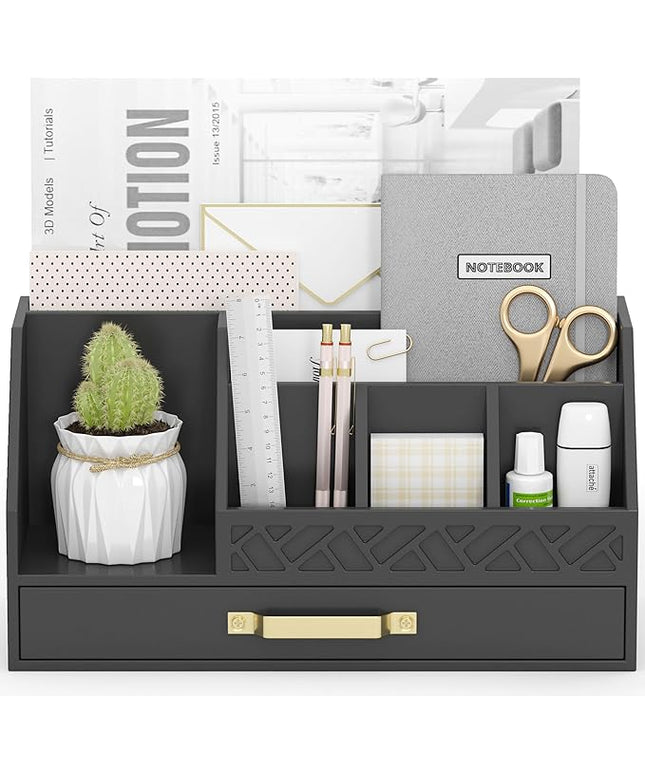 Wisuce Essentials Bamboo Desk Organizer with Drawers, Mail Organizer Countertop Wood Desk Drawer Tabletop Storage Organization Pen Holder Letter Sorter Makeup Organizer for School Home Office (Black)