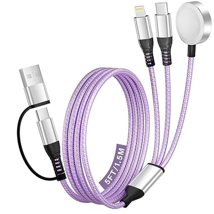 Travel Essentials, 3 in 2 USB A/C Cable to iPhone 17 Charger/Apple Watch Charger/Lightning, Braided Multi Charging Cable Cord, RV Camping Essentials, Designed for iWatch Series & iPhone17-11/iPad-5FT