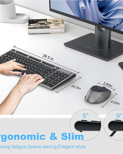 FENIFOX Wireless Keyboard and Mouse, Rechargeable USB C Combo Silent Quiet Compact Full Size Flat with Number Pad Soft Cover for Mac MacBook iMac Windows PC Laptop Computer Office - Black & Grey