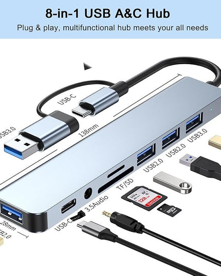 USB C Hub USB Hub 3.0 with SD/TF Card Reader, 3.5mm Headphone Aux Jack, 8-in-1 USB Splitter for MacBook Pro Air, XPS, Surface and More PC/Laptop/Tablet Devices