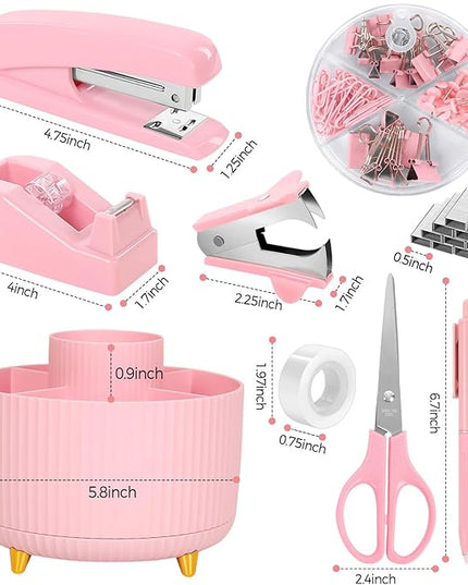 SKYDUE Pink Office Supplies Set, Pencil Holder for Desk,Gel Pen, Stapler, Tape Dispenser, Scissors,Clips and 1000pcs Staples, Office Decor for Women, Pink Desk Accessories
