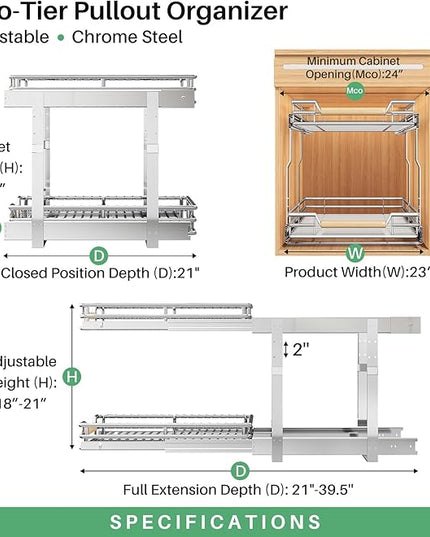Pull out Cabinet Organizer, 2 Tiers 23"W X 21"D, Heavy Duty Smooth Sliding Under Cabinet Shelves for Pots and Pans, Full-Extension Roll out Drawers, Slide out Organization for Home Kitchen Pantry