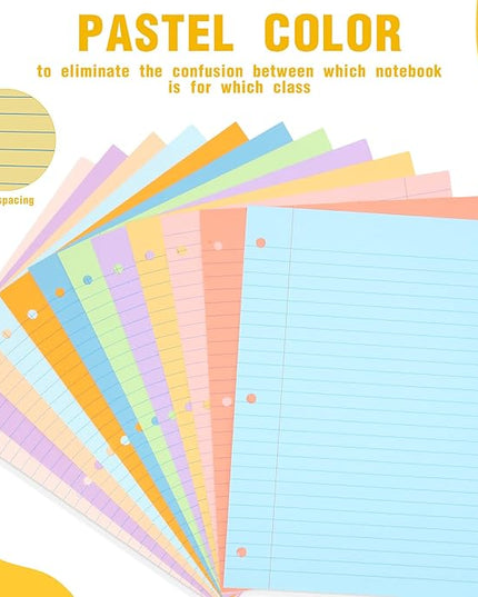 PerKoop 600 Sheets Colored Loose Leaf Paper 8.5" x 11" college ruled Lined 3 Hole Punched notebook Filler Paper for 3 Ring Binders Office School Supplies (Many Color)