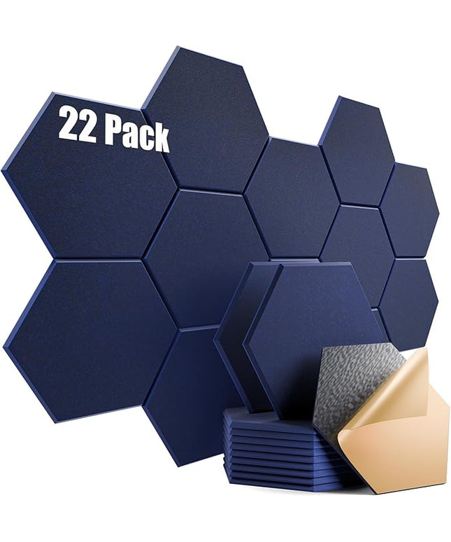 22 Pack Self-Adhesive Acoustic Panels 12" X 10" X 0.4" - Sound Proof Foam Panels with High Density, Stylish Hexagonal Design, Flame Resistant, Absorb Noise and Eliminate Echoes(Dark Blue)