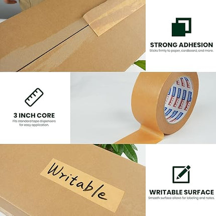 ADHES Kraft Paper Tape, 2 Inch x 44 Yards, 4 Rolls Writable & Uncoated Heavy Duty Paper Tape, Biodegradable Brown Packing Tape for Sealing, Packaging & Moving