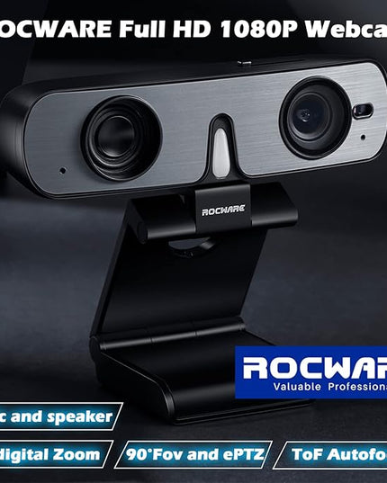 ROCWARE RC08 2K Webcam with Speaker, Webcam for PC, HD Web Cam with Noise Reduction Mic/Harman Speaker/4X Eptz/Privacy Cover/0.2S Auto-Focus/Low Illumination, Computer Camera for Zoom/Teams/Meeting