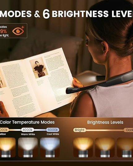 Glocusent Book Light, 3-Color & 6-Brightness Reading Light, Bendable Neck Light, 80-hr Lasting Rechargeable Book Light, Perfect Reading Lights for Books in Bed, Knitting, Repairing, Book Lovers Gifts