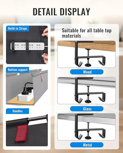 36" No Drill Under Desk Cable Management Tray - Upgraded Oxford Fabric with Cable Loop, No Damage to Table for Standing Desks and Home Office (Large (36 Inch))