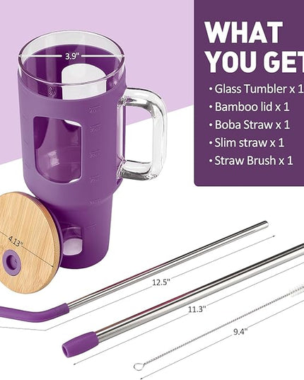 Glass Tumbler with Straw and Lid, 40 oz glass cup with handle, Glass Water Bottles with Time Marker, Silicone Protective Sleeve-Dark Purple