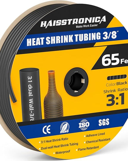 haisstronica 3/8" 65FT Heat Shrink Tubing, 3:1 Shrink Ratio Adhesive Lined, Marine Grade Waterproof Insulation Heat Shrink Tube - Black